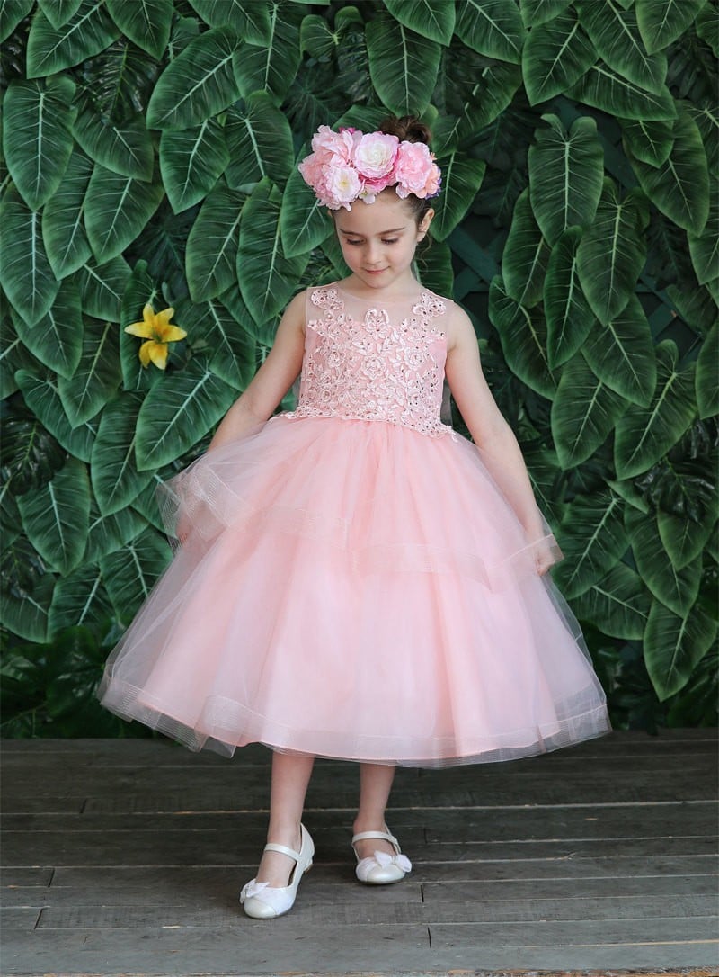 Calla Collection D-792 girls embroidered tulle gown in elegant sleeveless style