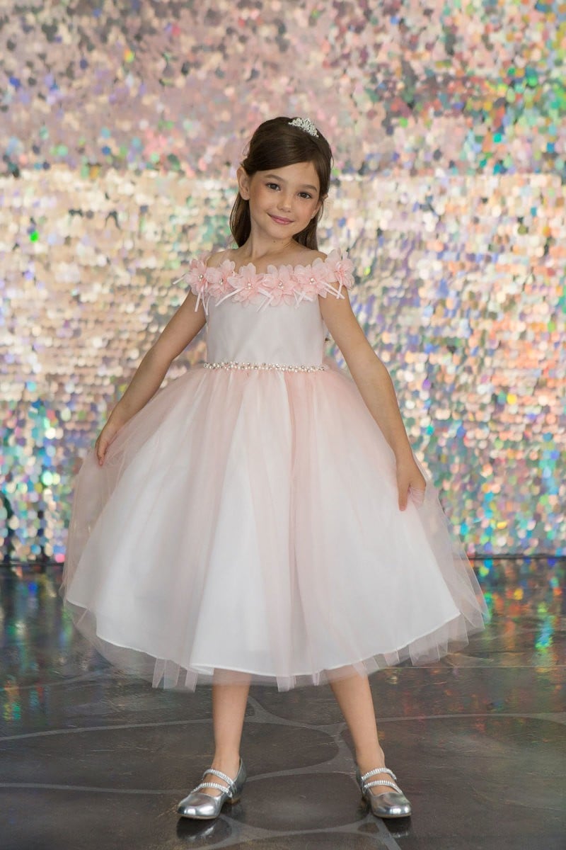 Calla Collection D-797 kids formalwear dress with three-dimensional flower trim