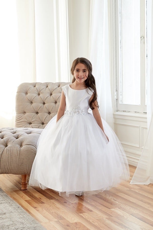 Elegant sleeveless youth formal gown featuring an embroidered bodice and full tulle ballgown skirt.