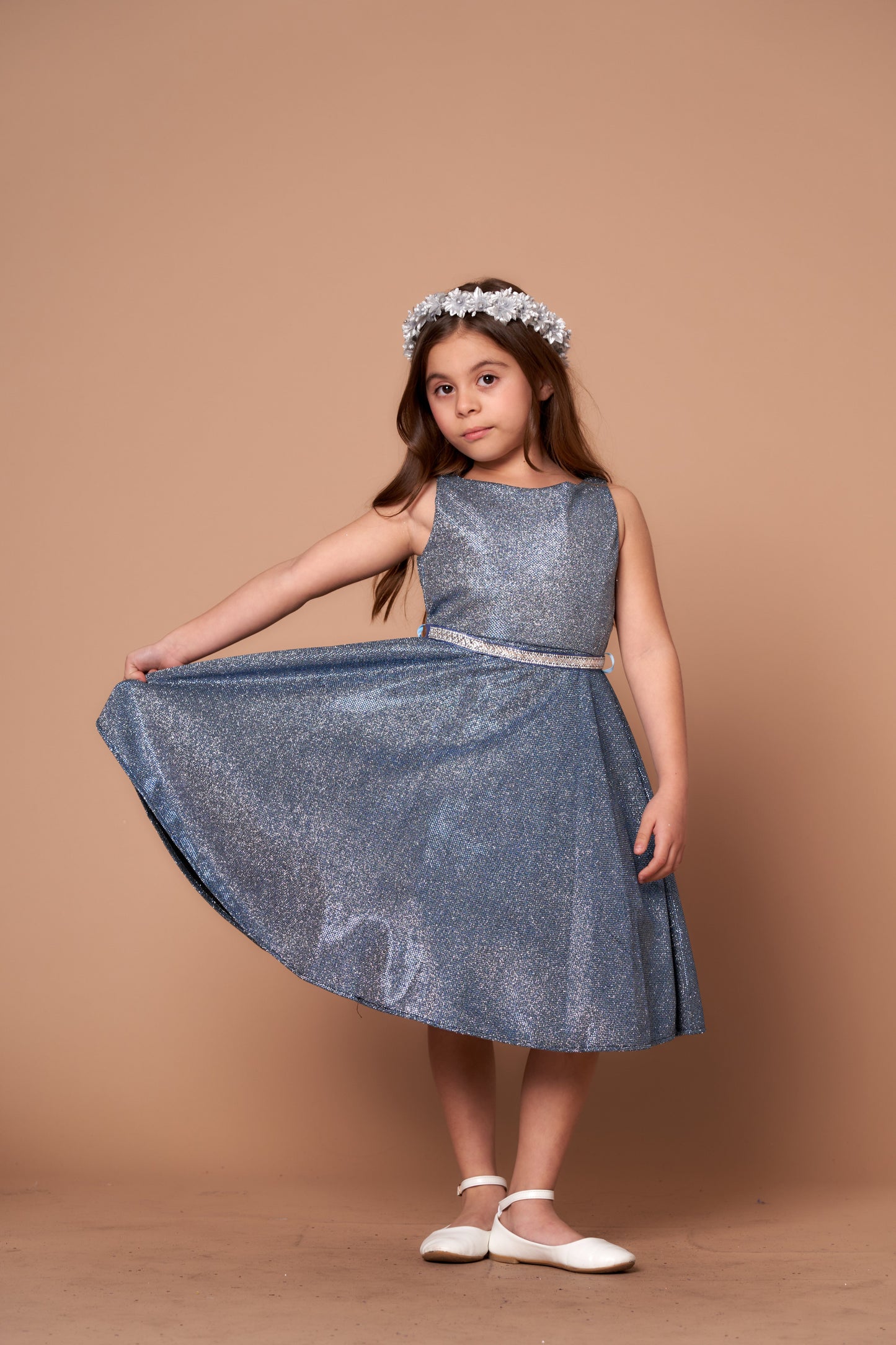 Playful knee-length A-line skirt with premium metallic-infused textiles on the Calla Collection D-817 dress