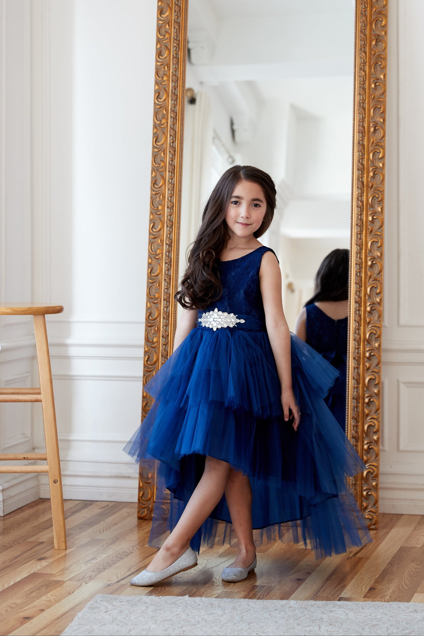 Calla Collection D-825 special occasion formal dress featuring a beautifully structured bodice with rich floral lace embroidery