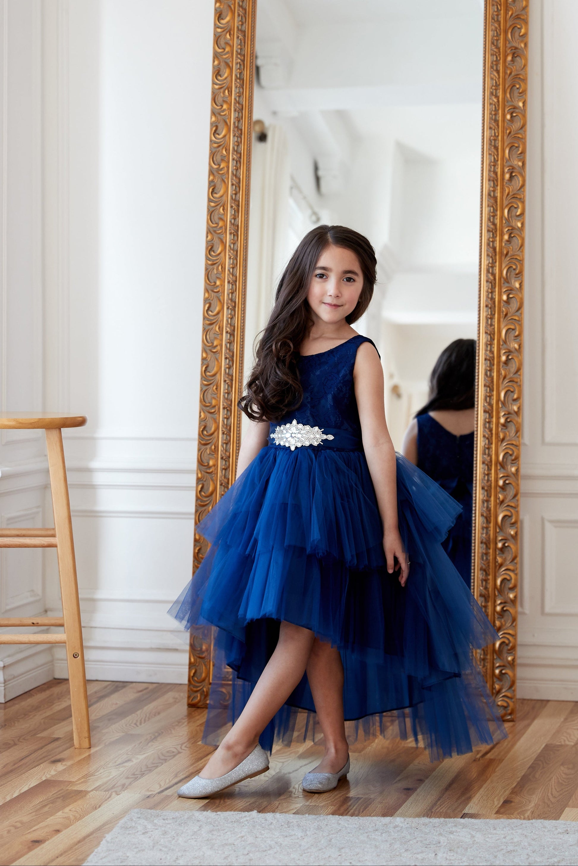 Calla Collection D-825 special occasion formal dress featuring a beautifully structured bodice with rich floral lace embroidery
