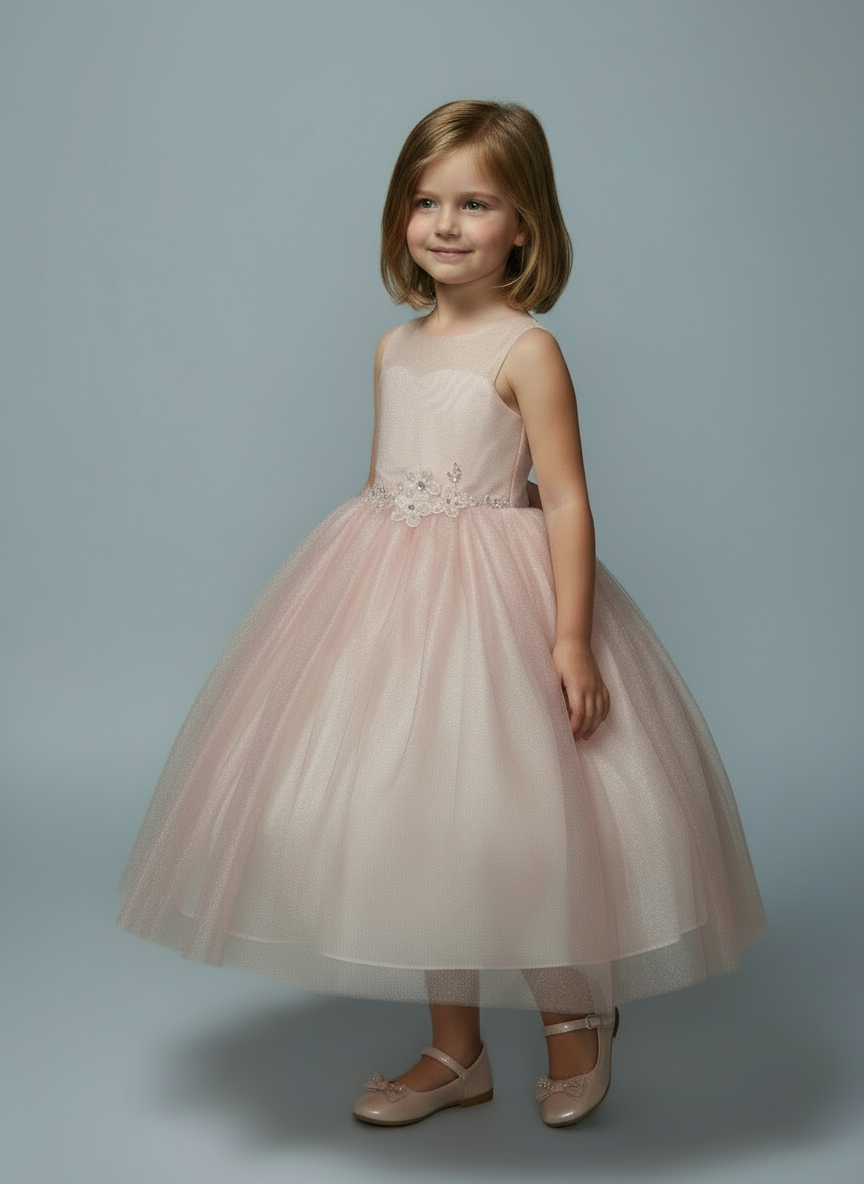 Graceful illusion mesh sleeve treatments draping softly over the upper shoulders of the Calla Collection D-836 gown.