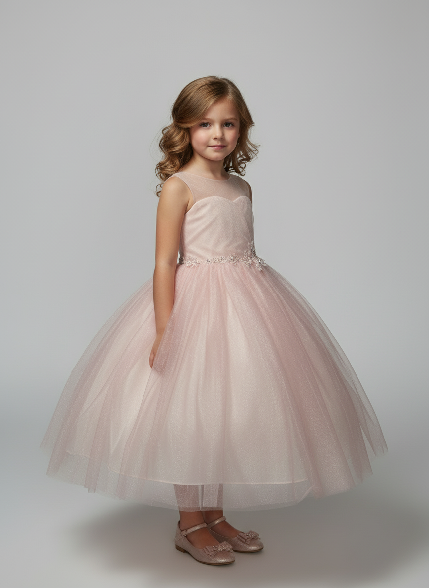 Calla Collection D-836 flower girl dress showcasing elegant sheer shoulder sleeves and a structured bodice frame.
