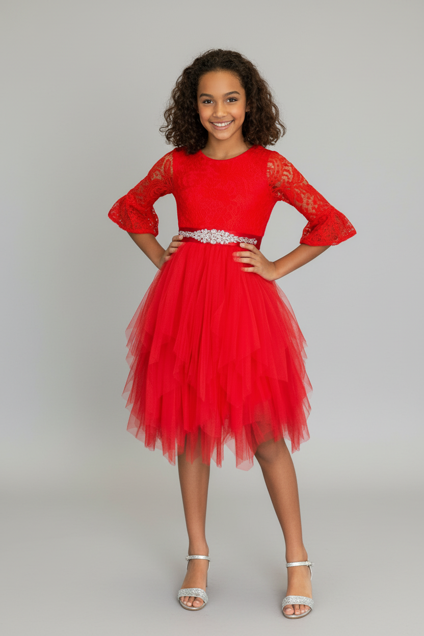 Elegant flower girl dress Calla Collection D-708 styled with graceful sheer long sleeves