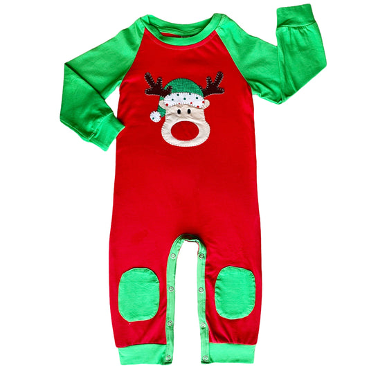 AnnLoren Baby Toddler Boys Long Sleeve Rudolf the Reindeer Christmas Romper