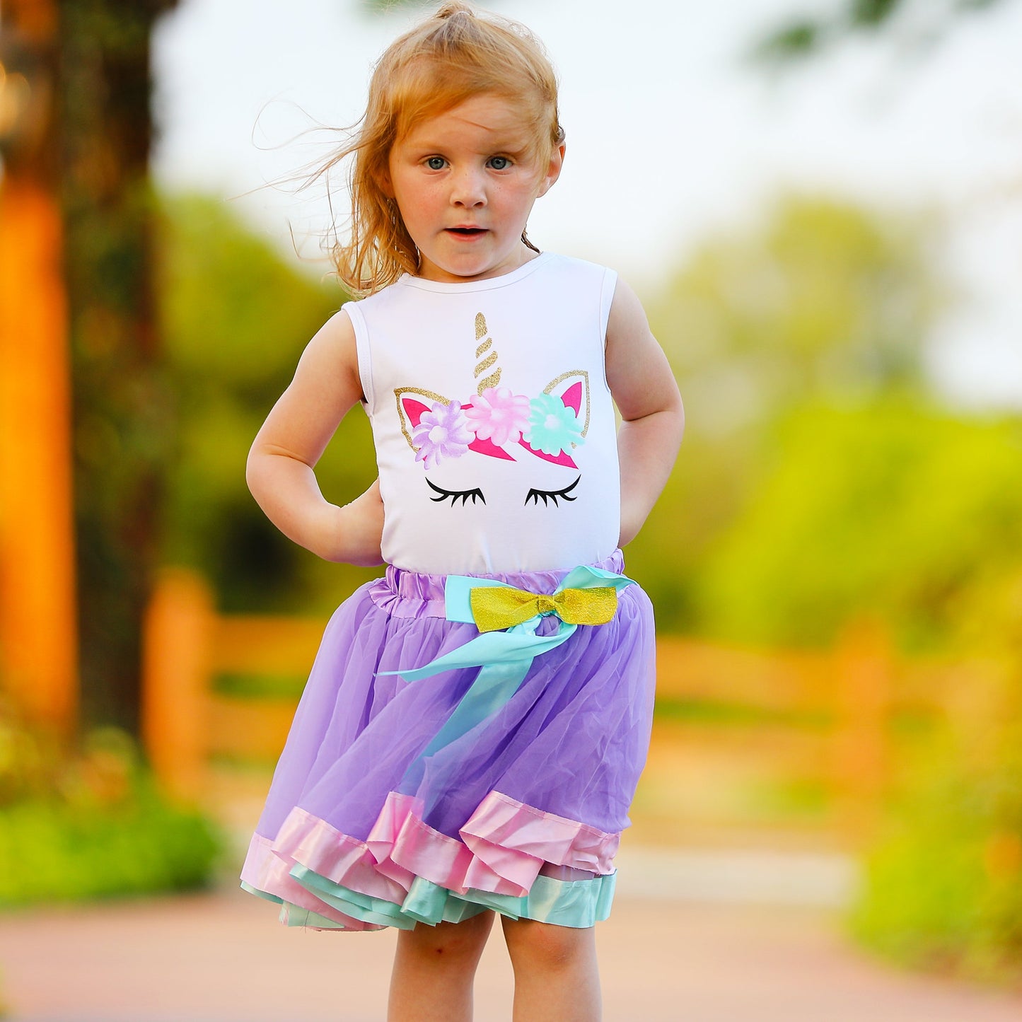 Girls Unicorn Tank Top and  Purple Tulle Skirt Spring Outfit Set