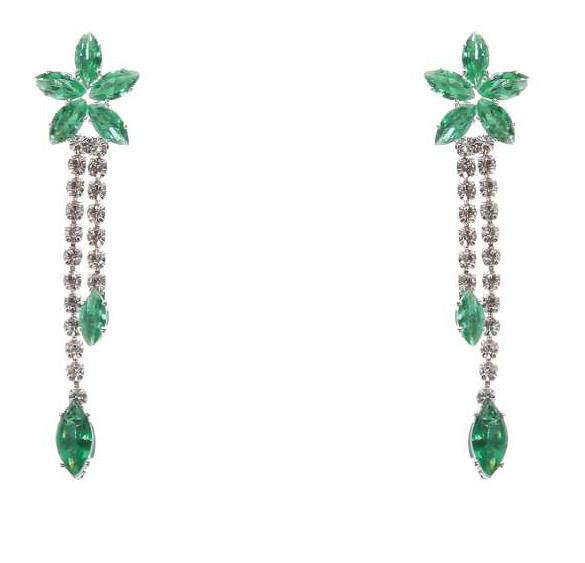 Emerald green Calla Collection earrings with delicate flower dangles, formal floral earrings for elegant occasions.