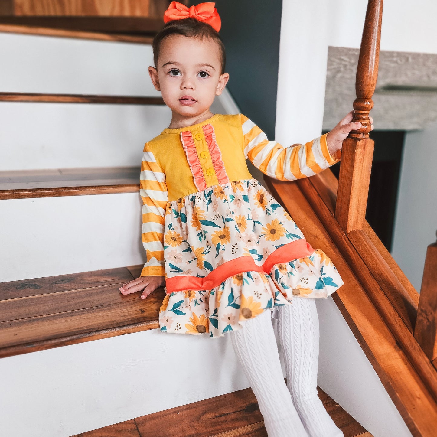 Girls Yellow & Orange Daisy Floral Fall Long Sleeve Dress