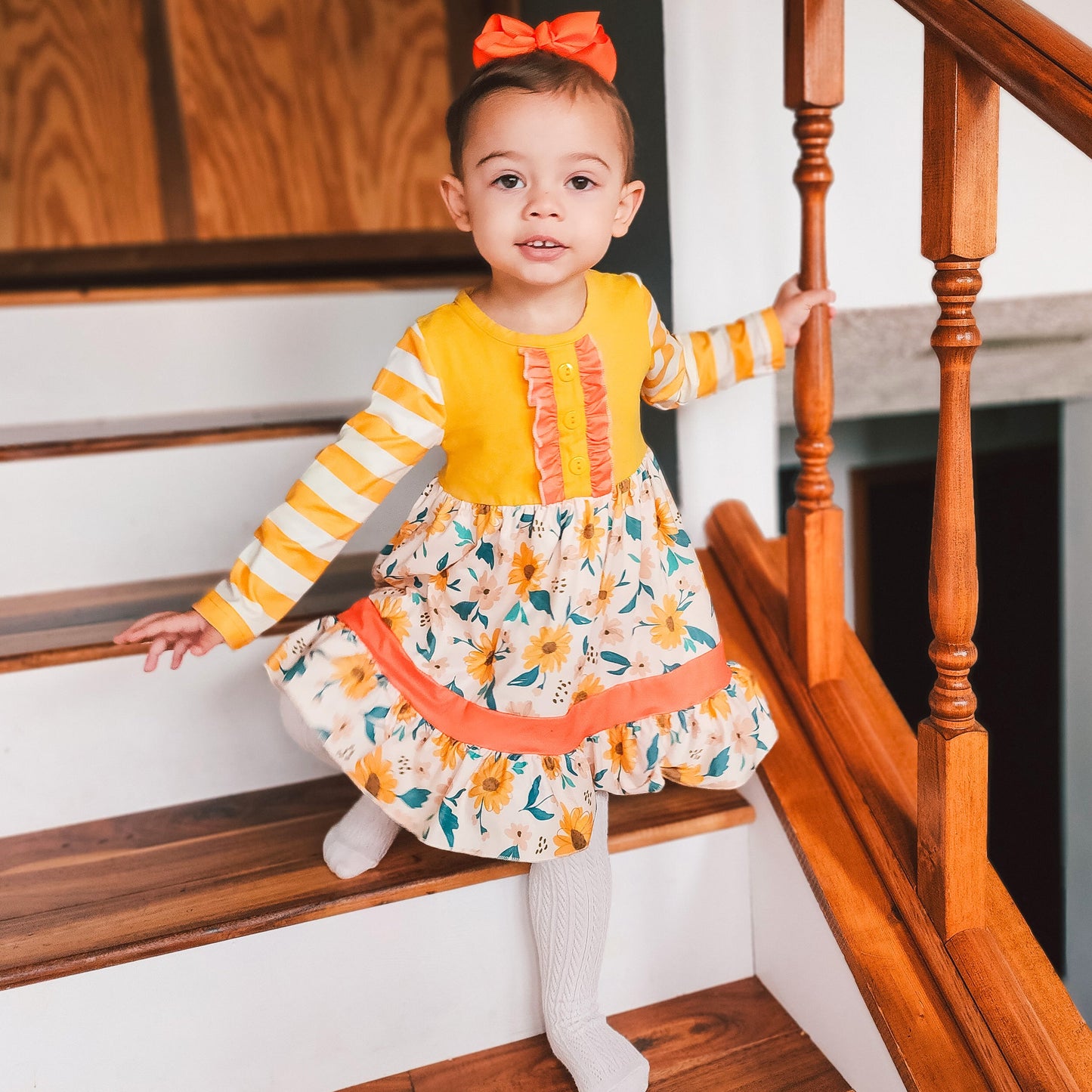 Girls Yellow & Orange Daisy Floral Fall Long Sleeve Dress