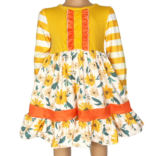 Girls Yellow & Orange Daisy Floral Fall Long Sleeve Dress