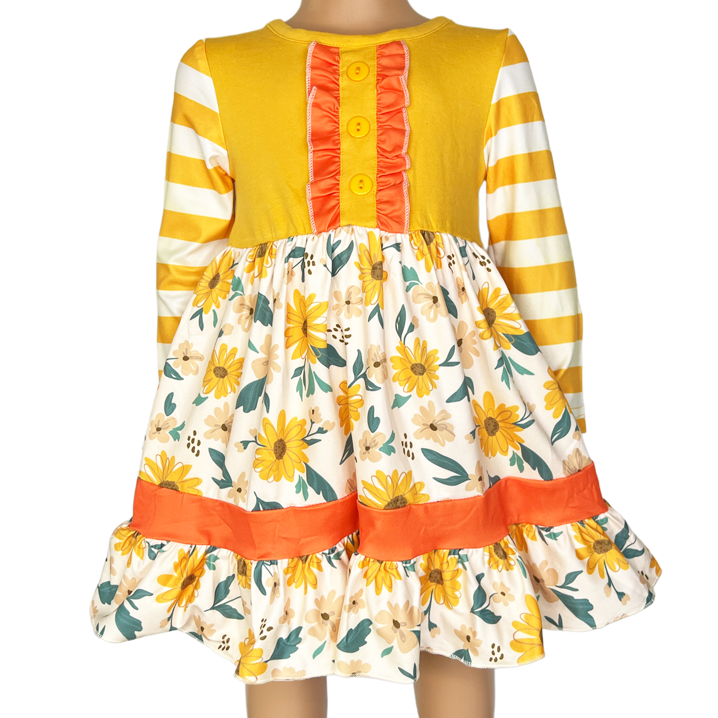 Girls Yellow & Orange Daisy Floral Fall Long Sleeve Dress