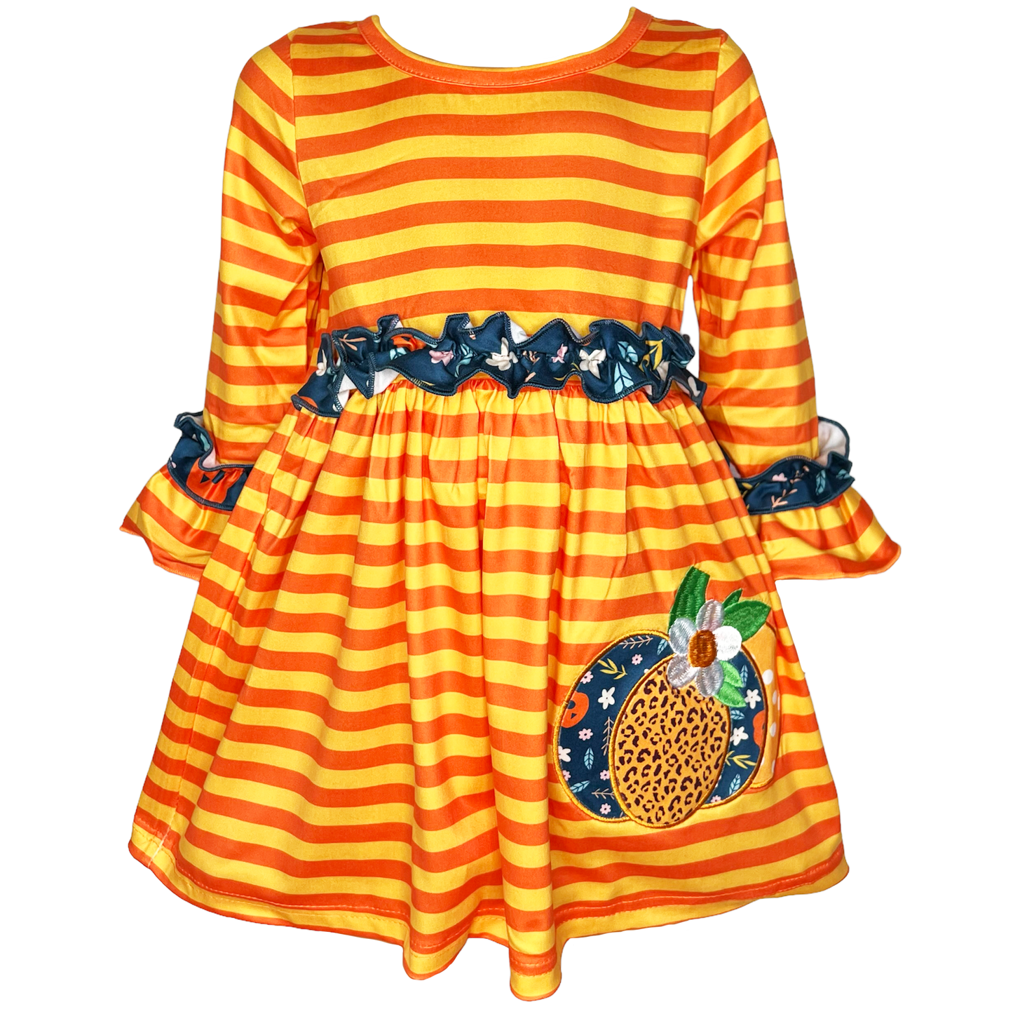 AL Limited Girls Autumn Leopard Pumpkin Orange Striped Long Sleeve Dress