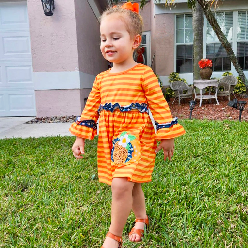 AL Limited Girls Autumn Leopard Pumpkin Orange Striped Long Sleeve Dress