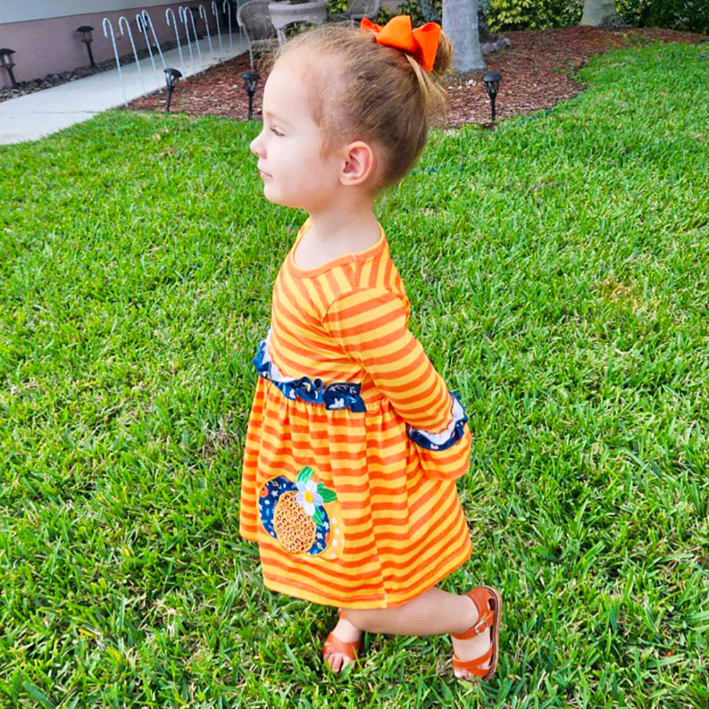 AL Limited Girls Autumn Leopard Pumpkin Orange Striped Long Sleeve Dress