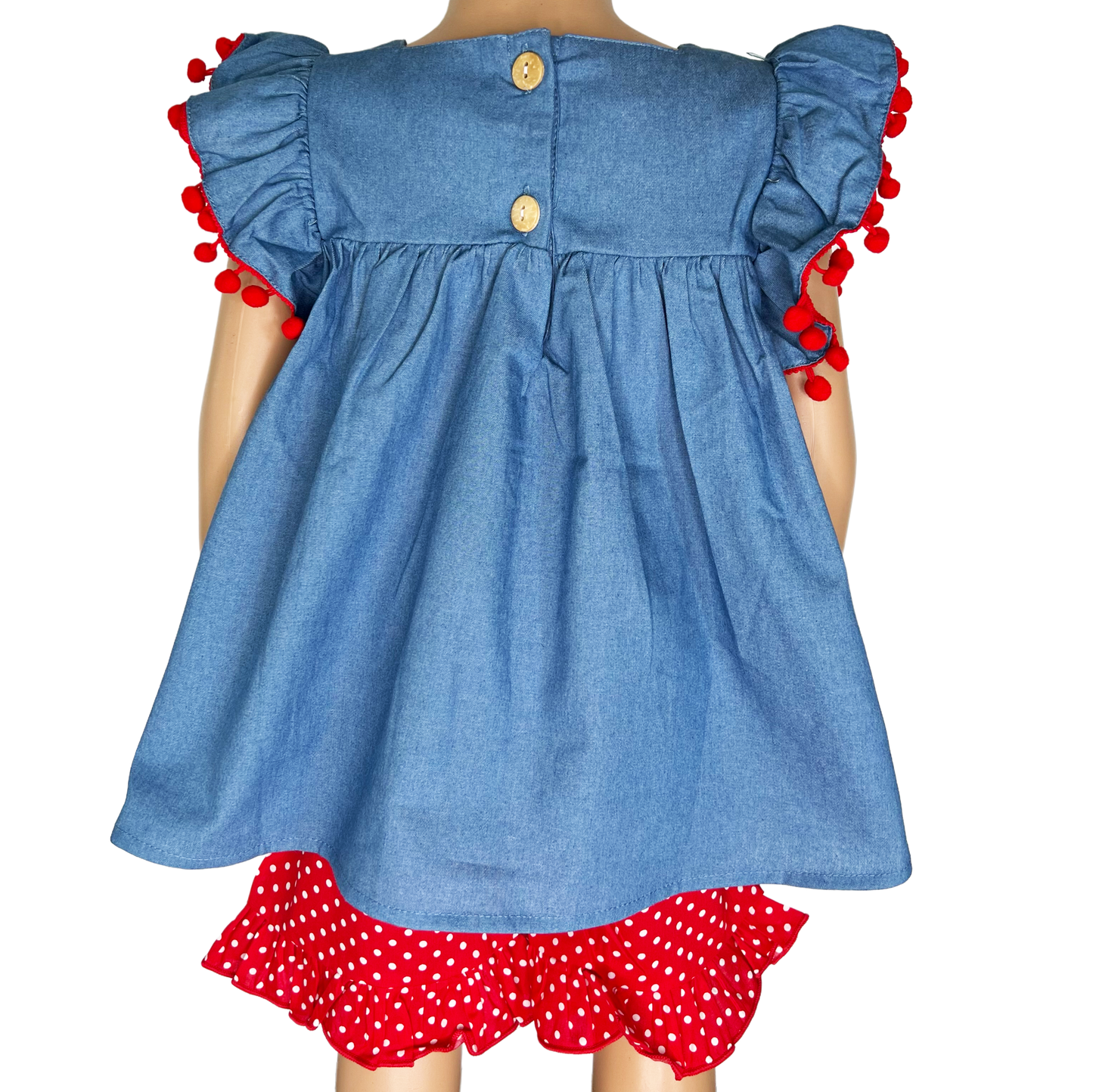 Girls Blue Chambray Apple top with Red polka Dot Ruffle Shorts Back to School