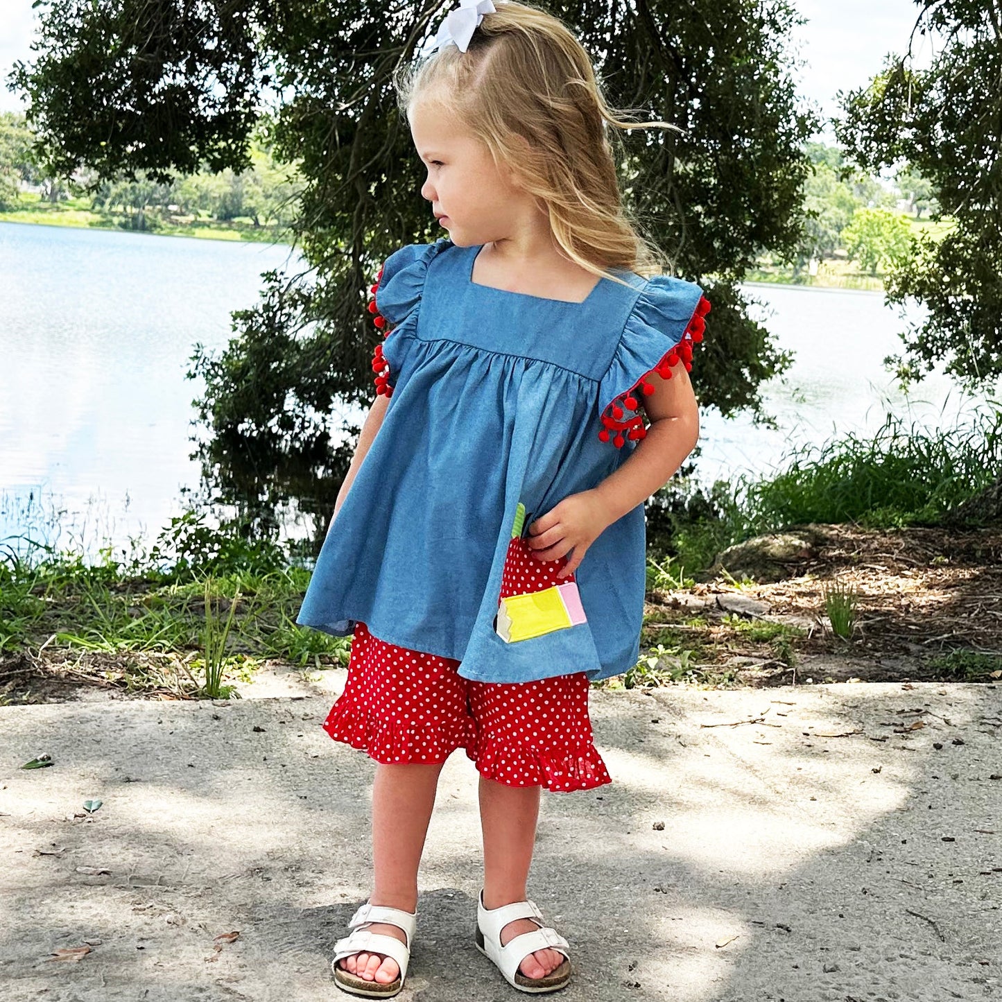 Girls Blue Chambray Apple top with Red polka Dot Ruffle Shorts Back to School