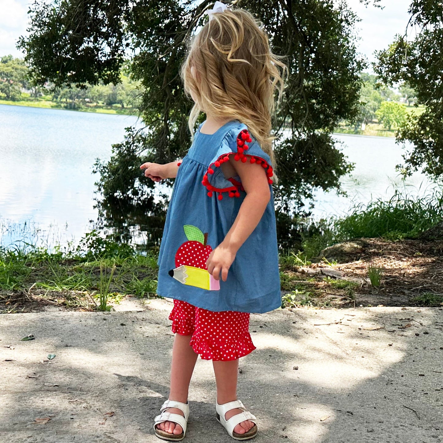 Girls Blue Chambray Apple top with Red polka Dot Ruffle Shorts Back to School