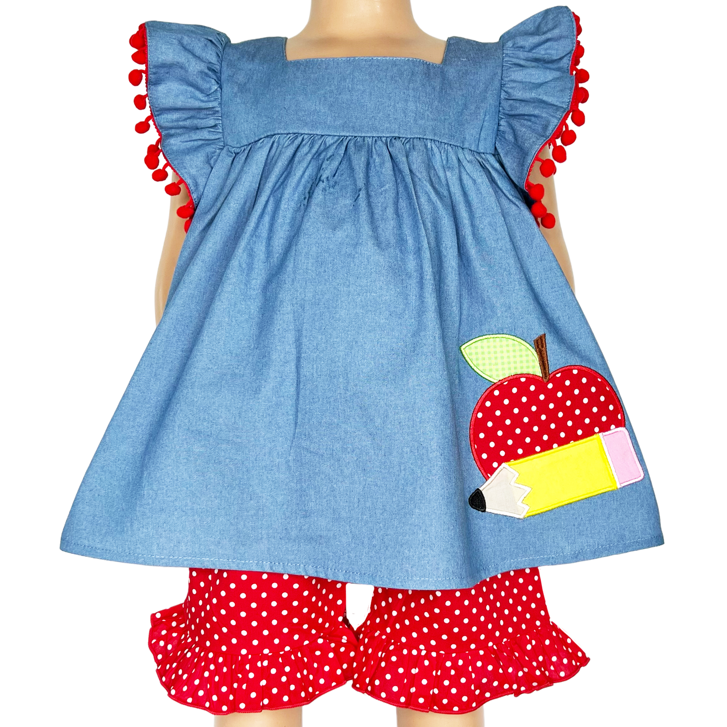 Girls Blue Chambray Apple top with Red polka Dot Ruffle Shorts Back to School