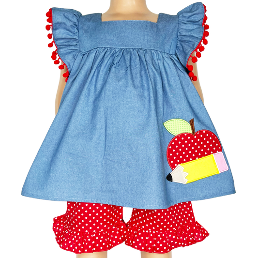 Girls Blue Chambray Apple top with Red polka Dot Ruffle Shorts Back to School