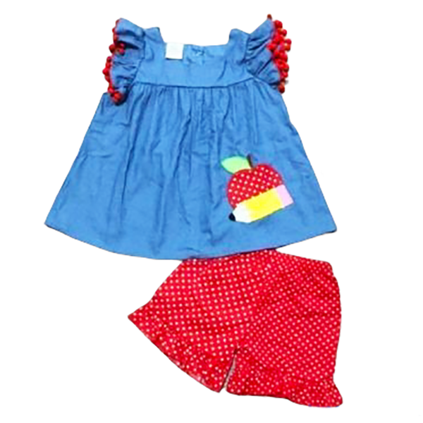 Girls Blue Chambray Apple top with Red polka Dot Ruffle Shorts Back to School