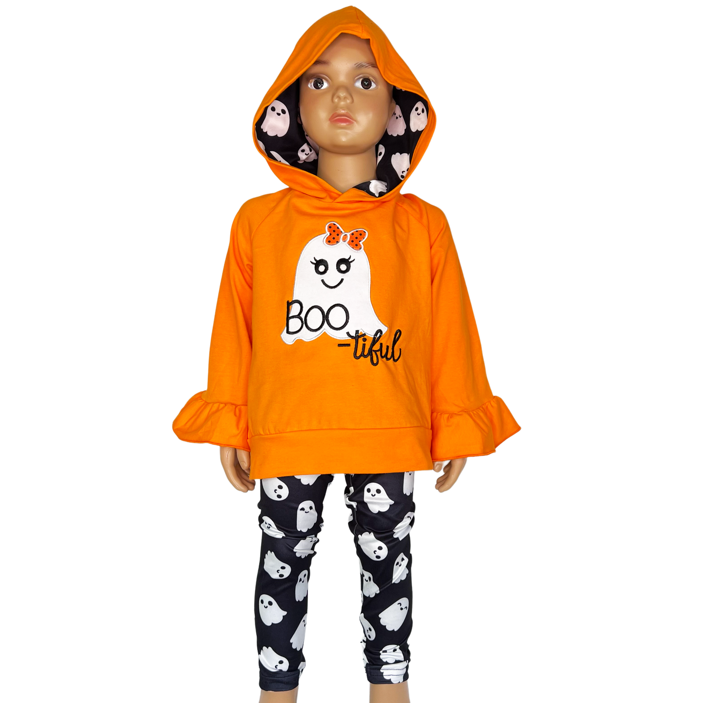 Girls Black & Orange Halloween Ghost Ruffle hoodie and Leggings Outfit