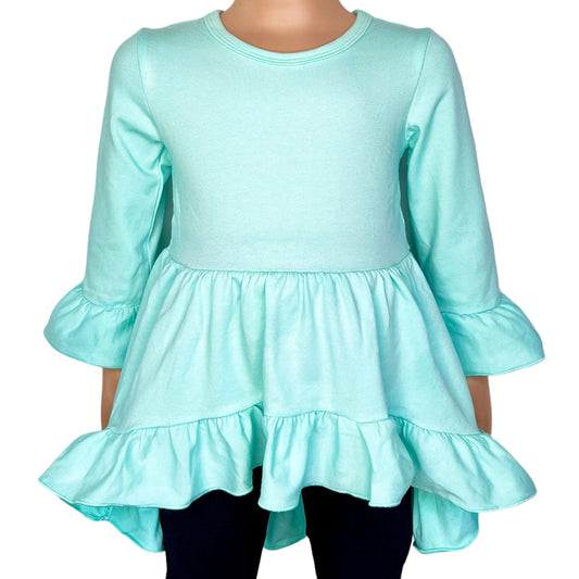 Girls Turquoise Cotton Knit Ruffle High Low Shirt 3/4 Sleeve