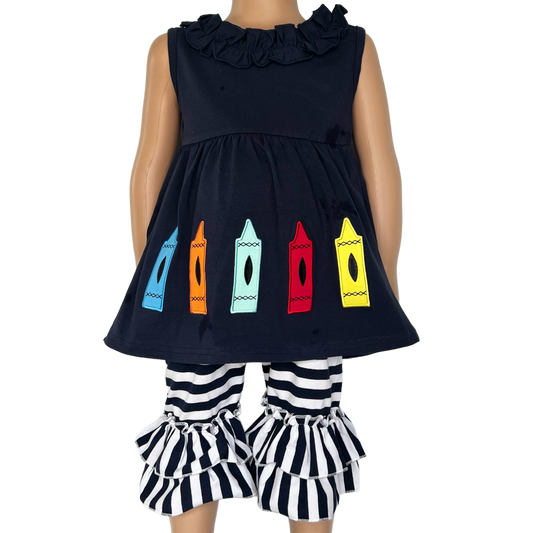 Girls Blue Crayon Tunic and Striped Ruffle Capris Back to School