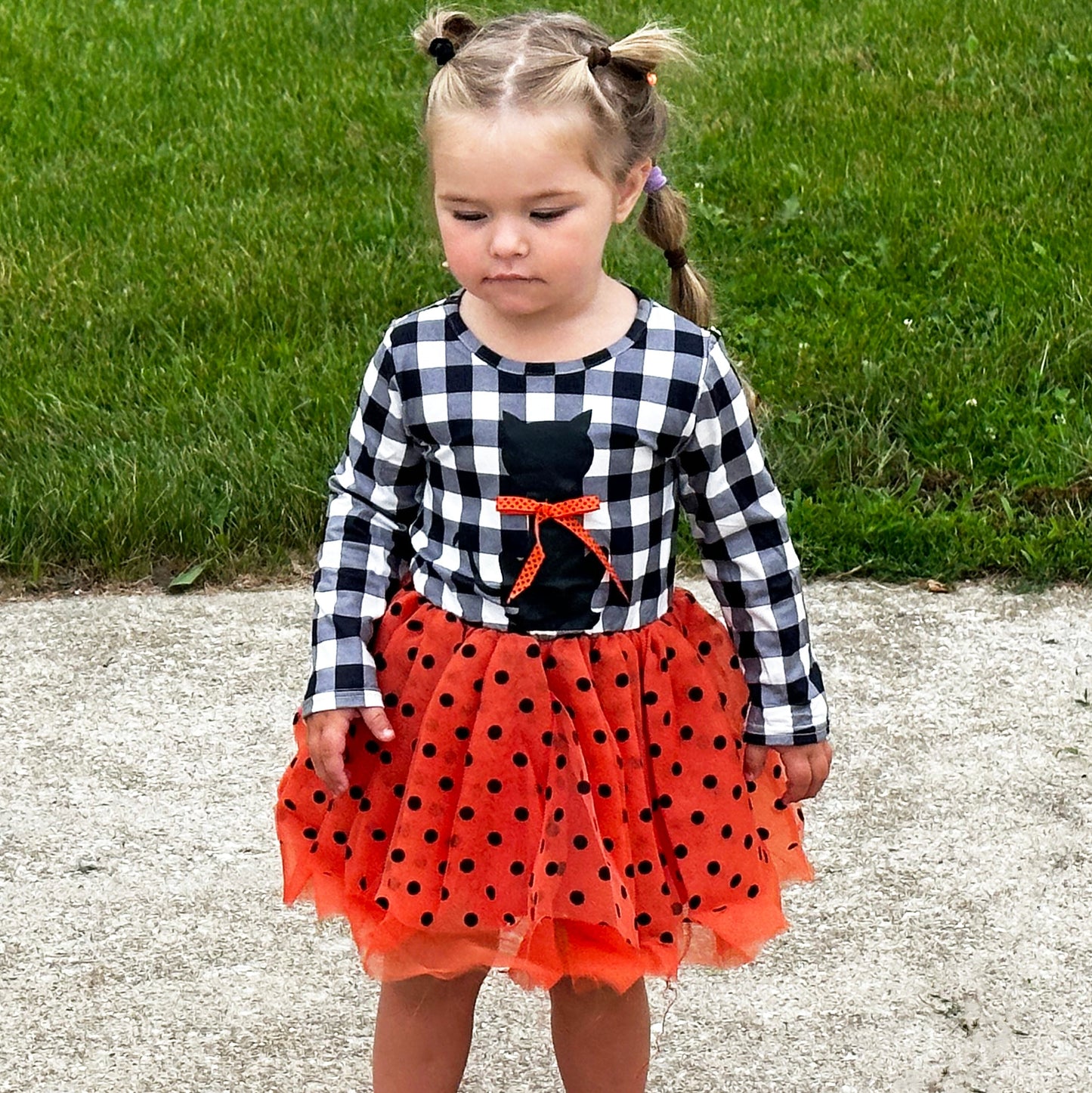 Girls Halloween Dress with Black Cat and Orange & Black Polka Dot Tulle