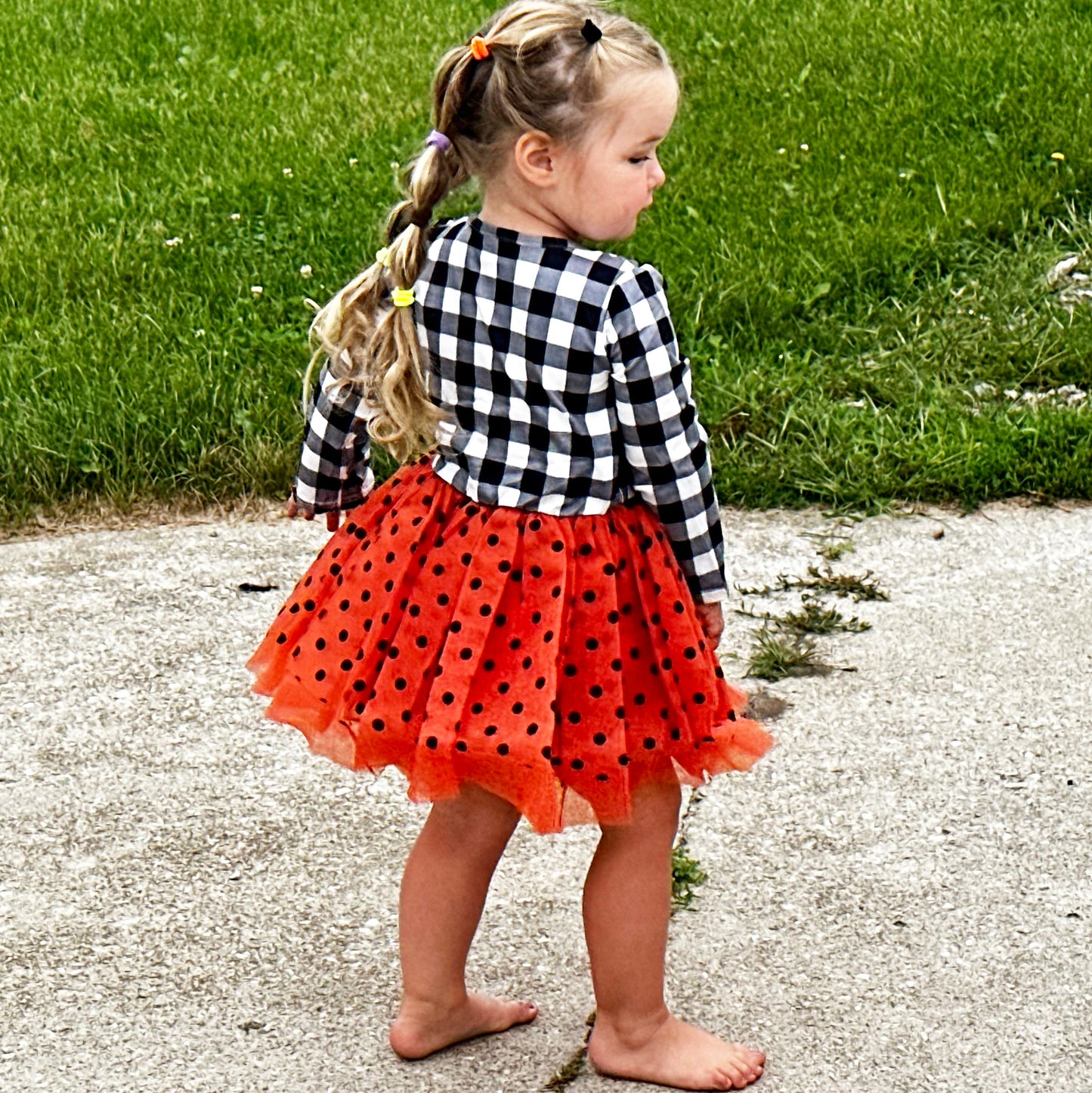 Girls Halloween Dress with Black Cat and Orange & Black Polka Dot Tulle
