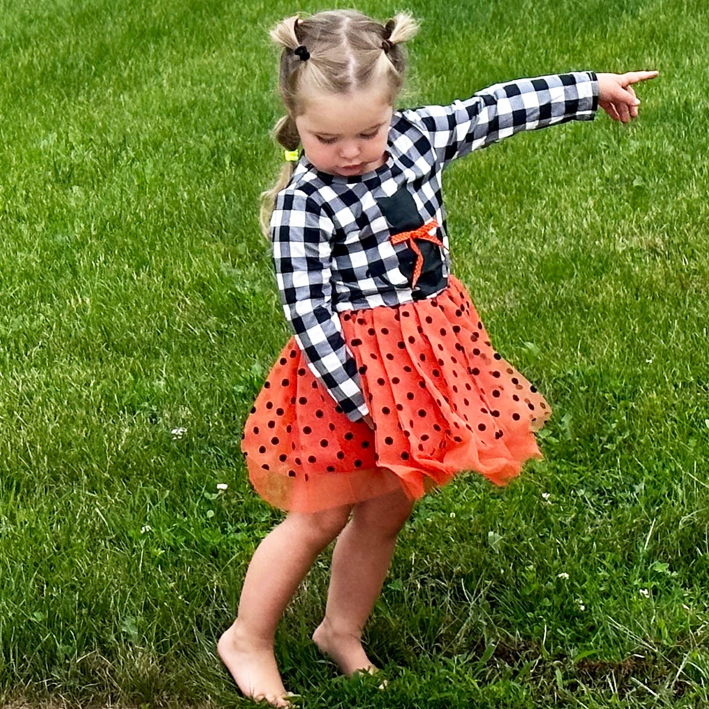 Girls Halloween Dress with Black Cat and Orange & Black Polka Dot Tulle