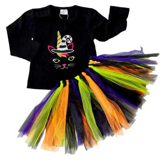 Big Girls Halloween Black Cat Shirt and Tulle Skirt