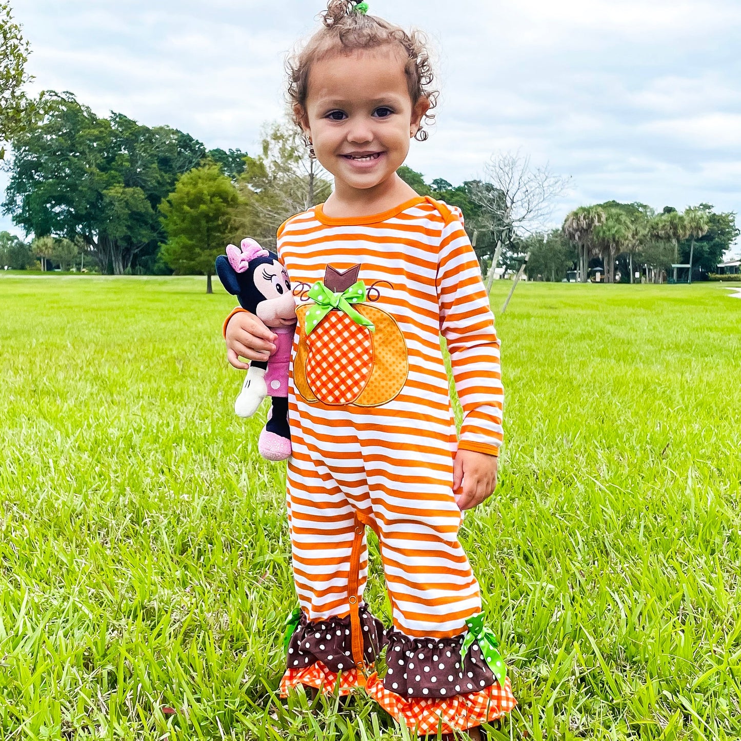 Baby Girls Autumn Holiday Orange Striped Pumpkin Romper