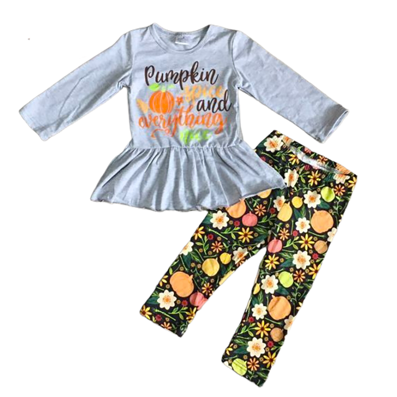 Girls Grey Long Sleeve T-shirt and Floral Leggings Fall Thanksgiving
