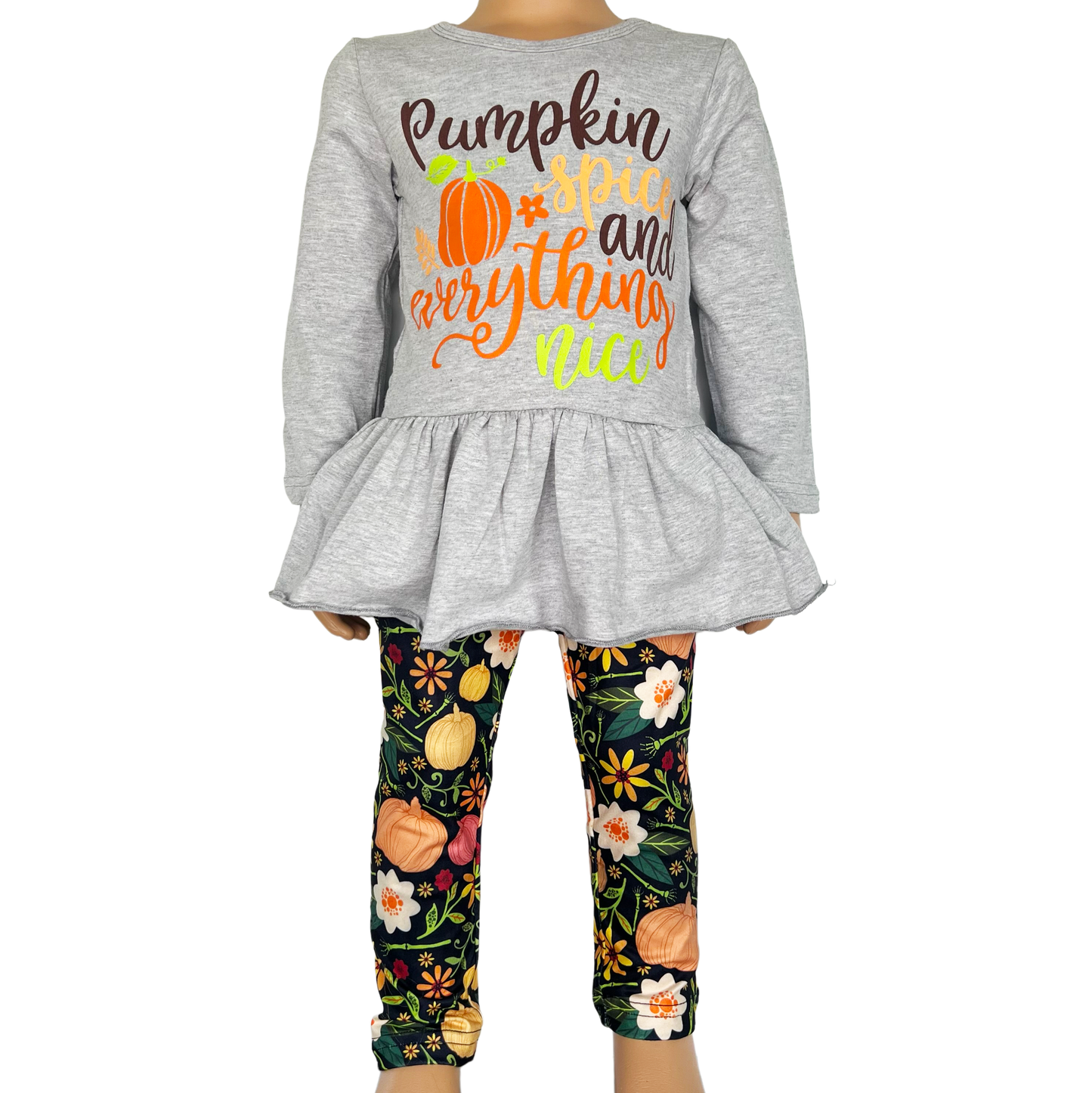 Girls Grey Long Sleeve T-shirt and Floral Leggings Fall Thanksgiving