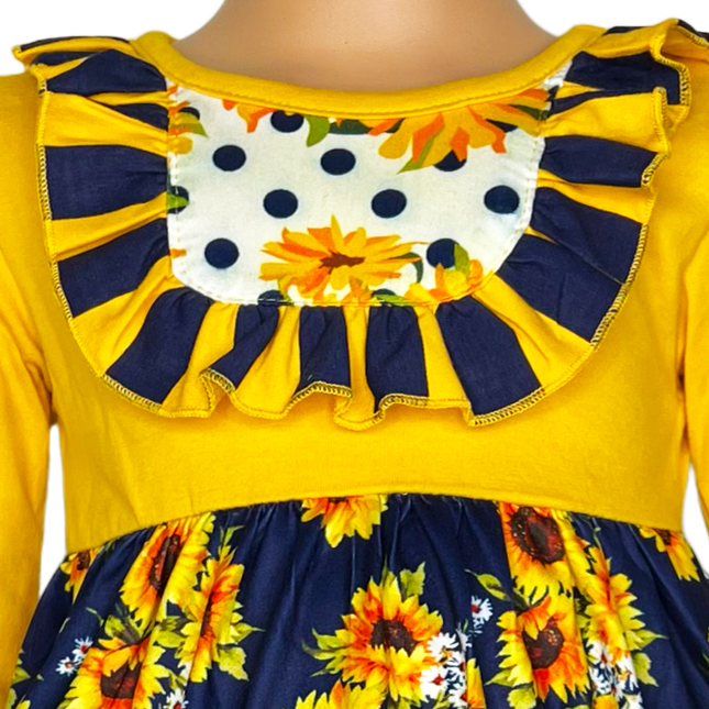 Girls Gold & Navy Floral Fall Long Sleeve Ruffle Shirt & Pants