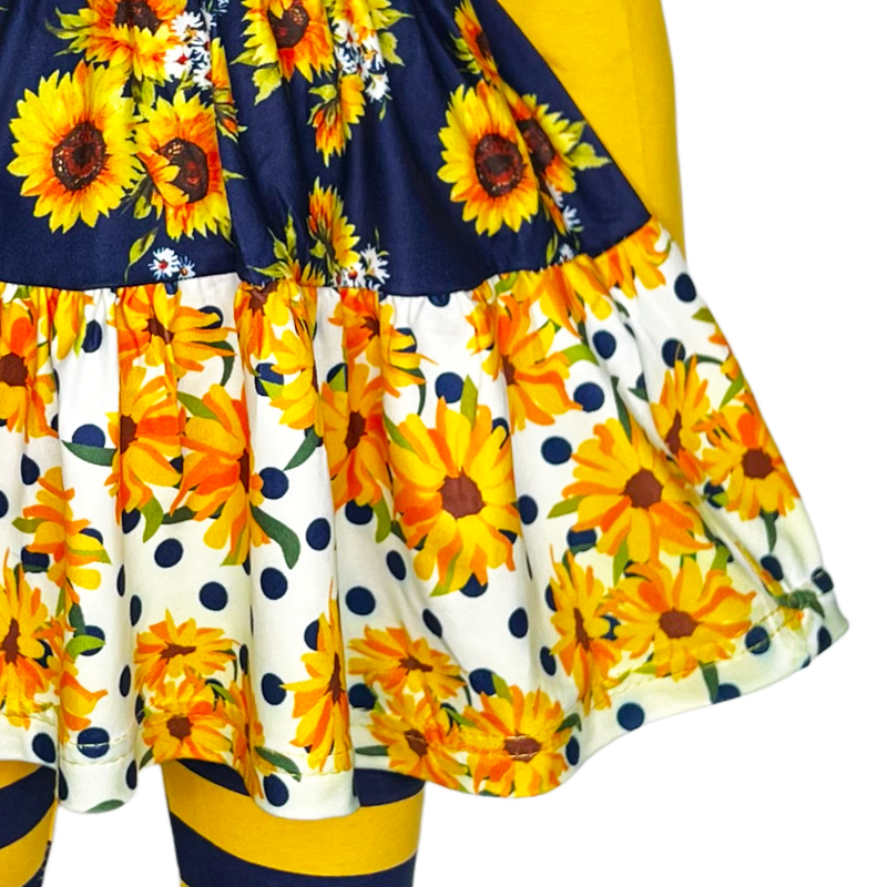 Girls Gold & Navy Floral Fall Long Sleeve Ruffle Shirt & Pants
