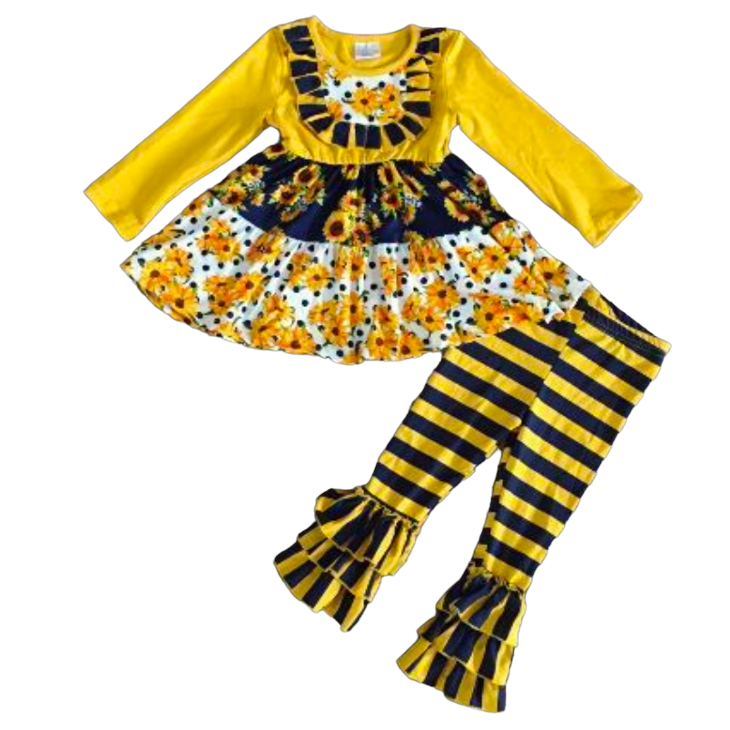 Girls Gold & Navy Floral Fall Long Sleeve Ruffle Shirt & Pants
