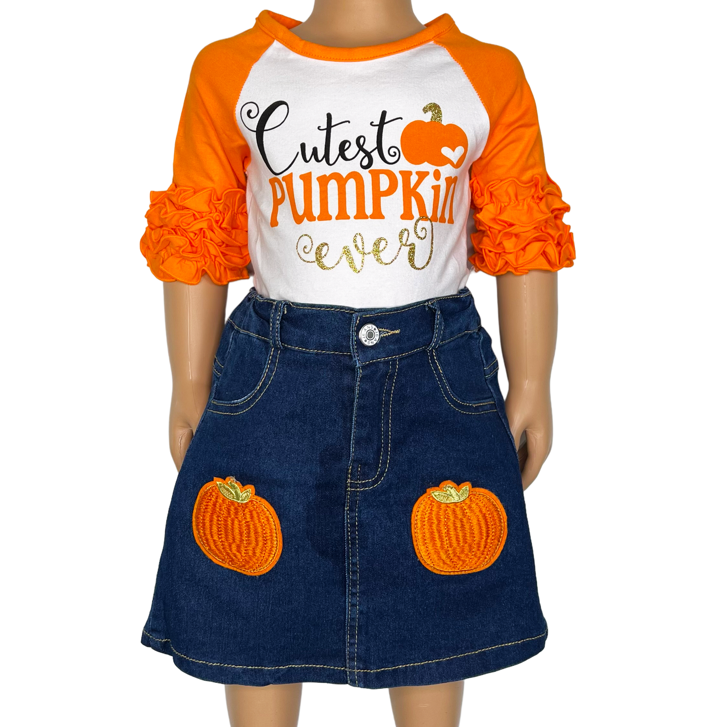 Girls Cutest Pumpkin T-Shirt and Jean Skirt Fall Thanksgiving