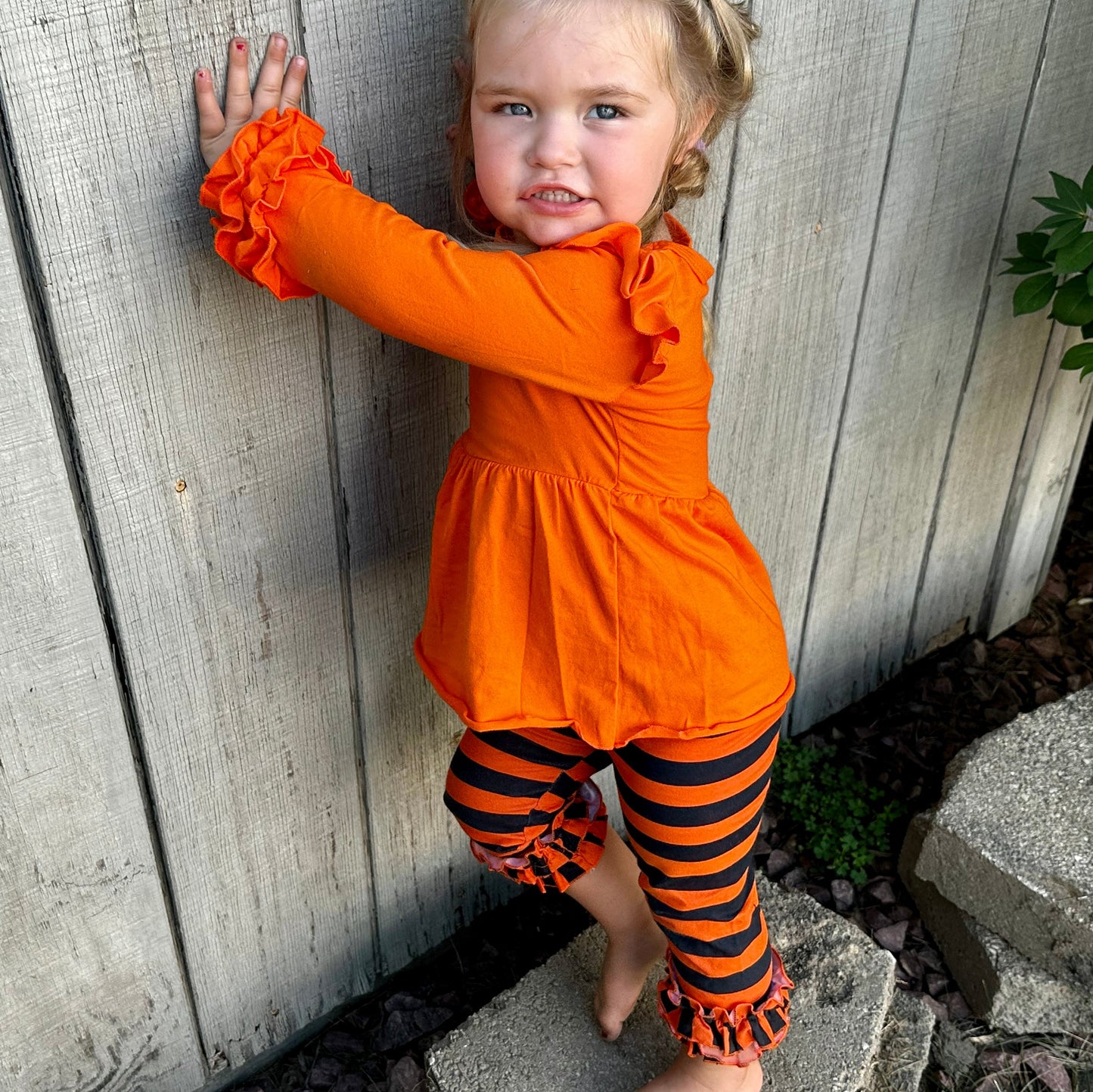 Girls Black & Orange Blank Orange Ruffle Tunic Stripe Pants Halloween