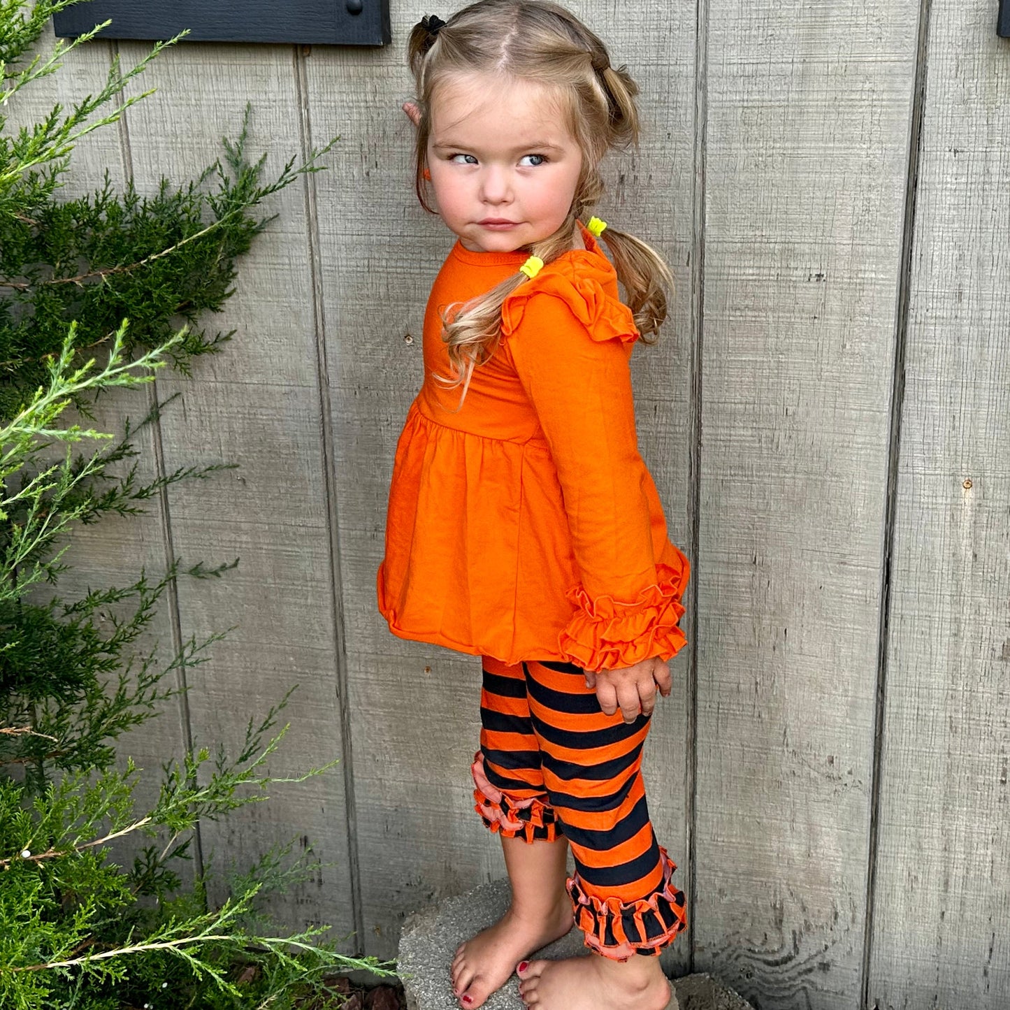 Girls Black & Orange Blank Orange Ruffle Tunic Stripe Pants Halloween