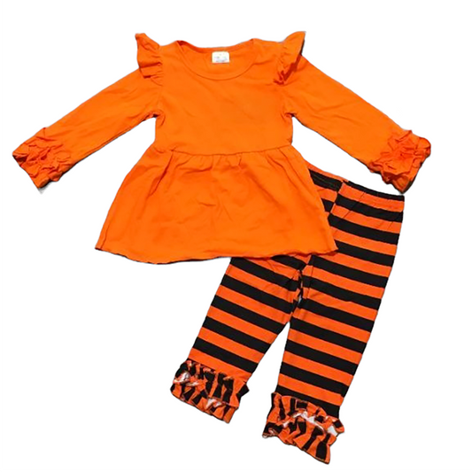 Girls Black & Orange Blank Orange Ruffle Tunic Stripe Pants Halloween