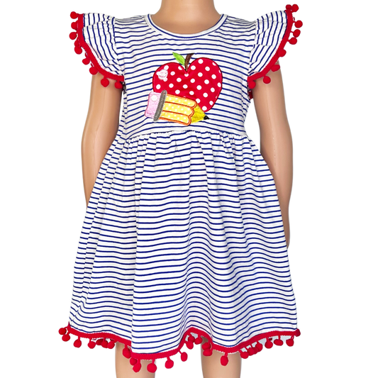 Girls Back to School Dress with Apple and Pencil applique