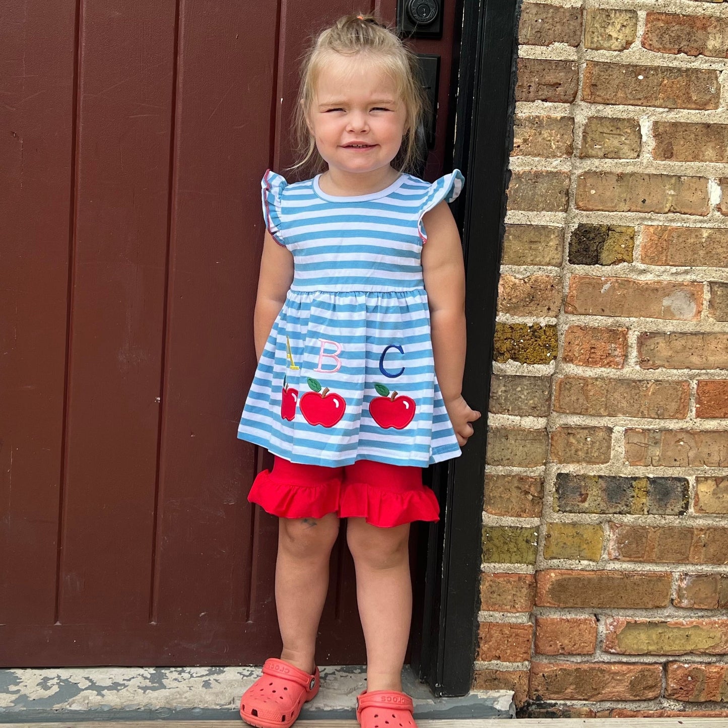 Girls Blue Stripped Back to School Apple Top with Red Ruffle Shorts