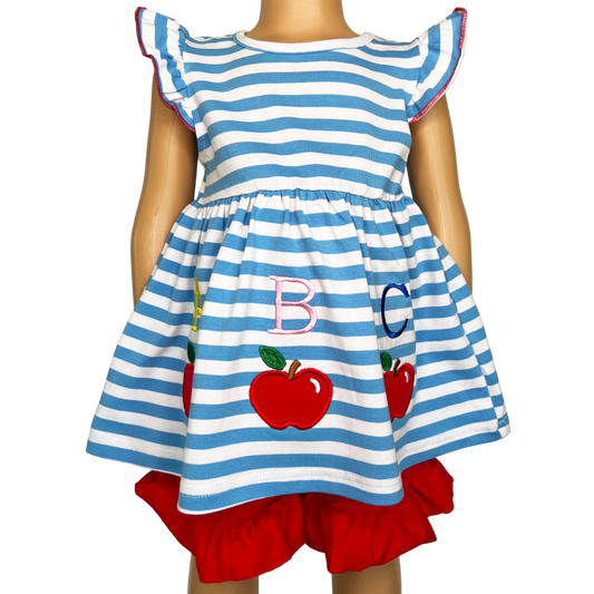 Girls Blue Stripped Back to School Apple Top with Red Ruffle Shorts