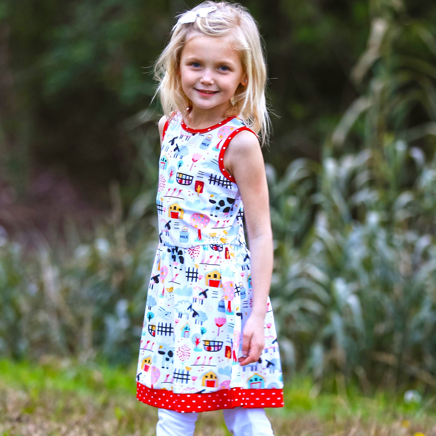 AnnLoren Little & Big Girls Farm Animal Sleeveless Cotton Swing Dress