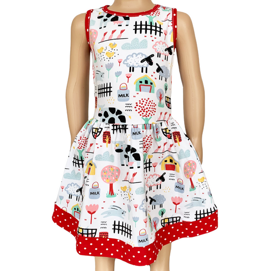 AnnLoren Little & Big Girls Farm Animal Sleeveless Cotton Swing Dress