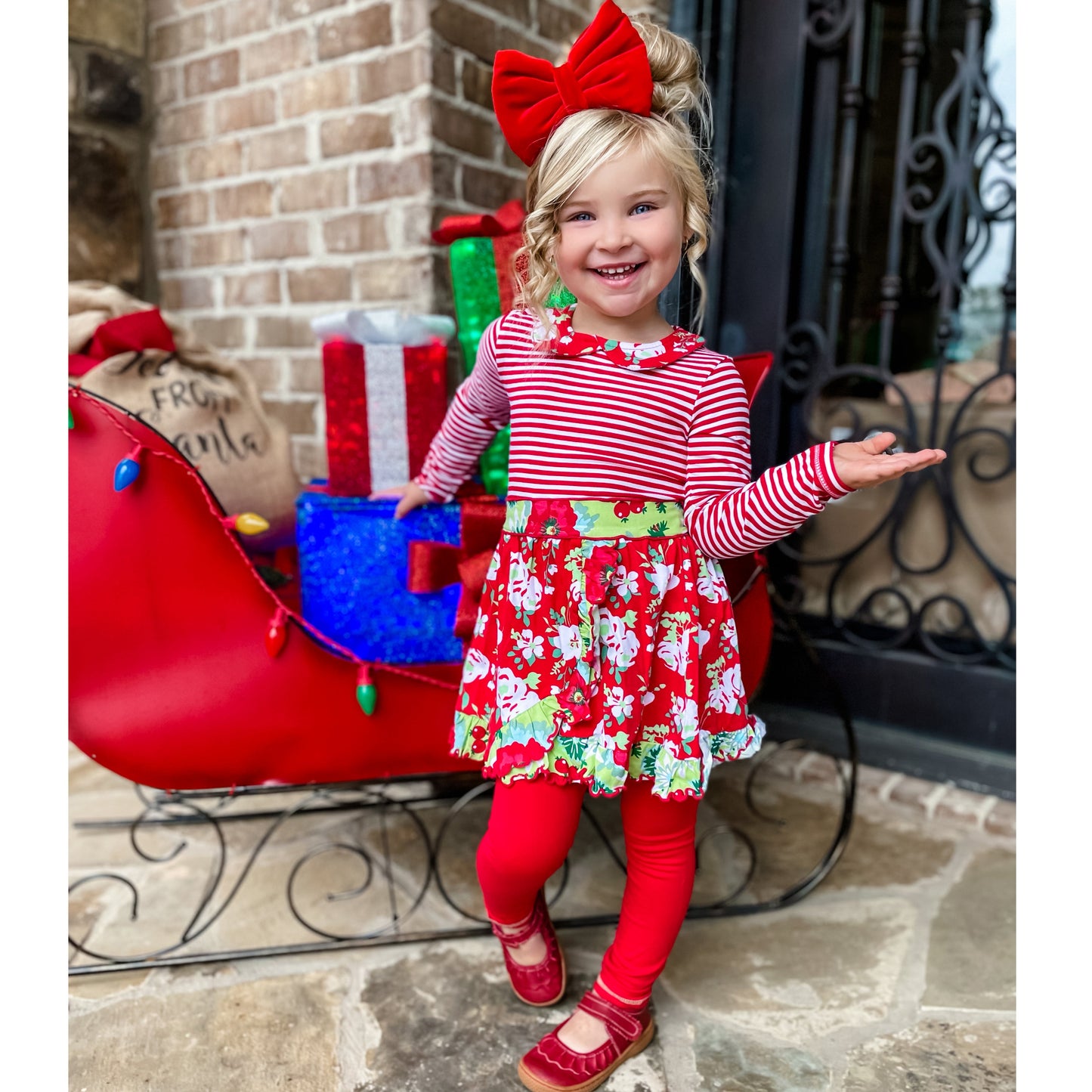AnnLoren Little & Big Girls Boutique Red Christmas Floral Holiday Dress Legging Set