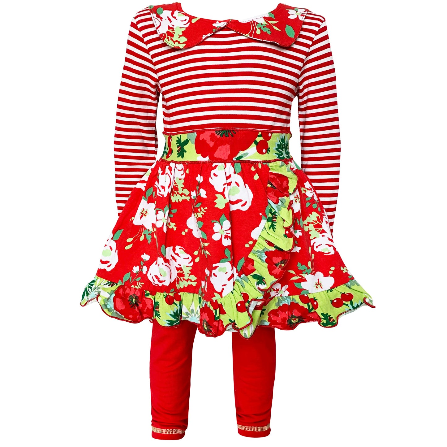 AnnLoren Little & Big Girls Boutique Red Christmas Floral Holiday Dress Legging Set
