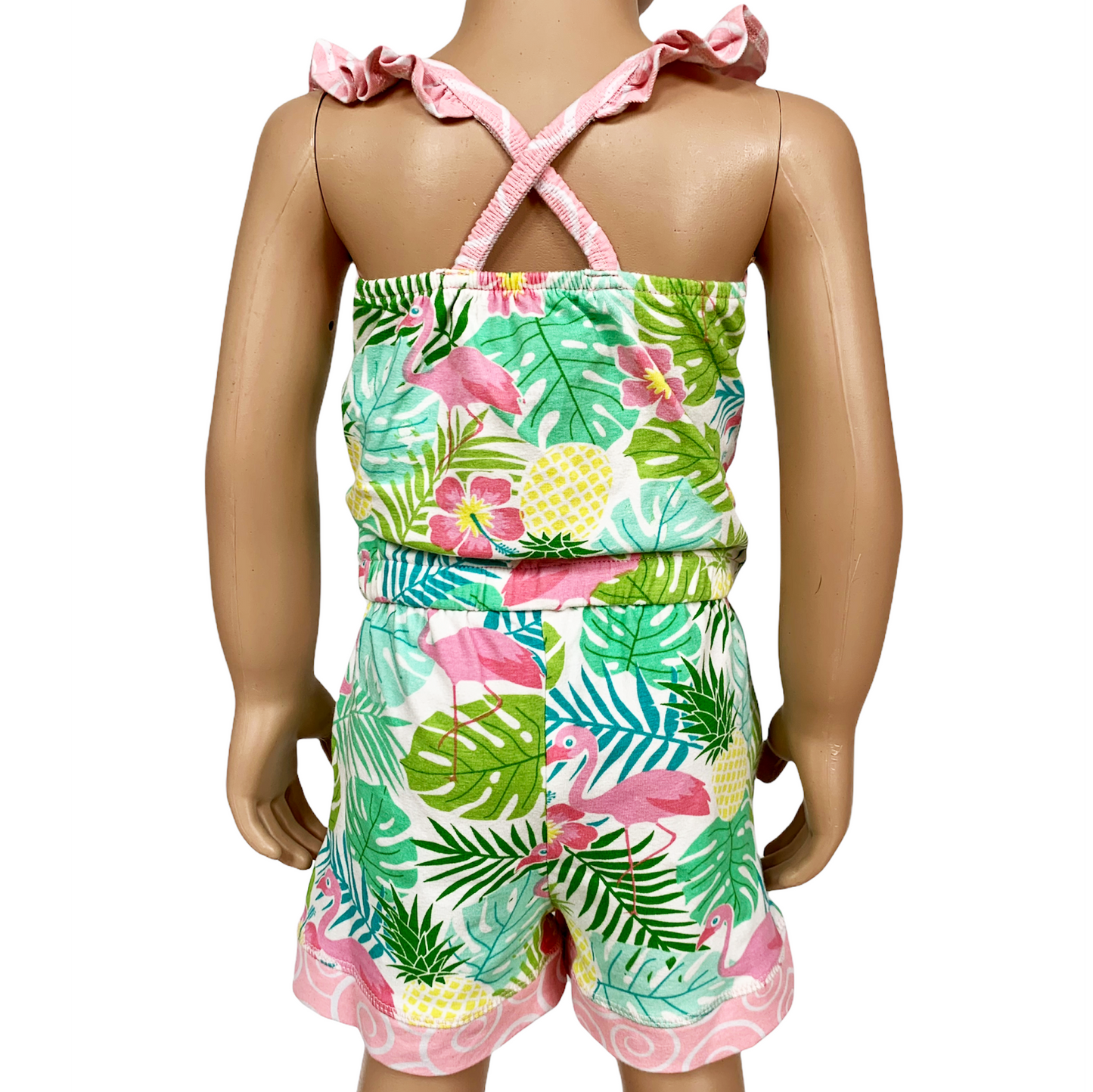 AnnLoren Little & Big Girls Pink Flamingo Palm Tree Kids Shorts Jumpsuit